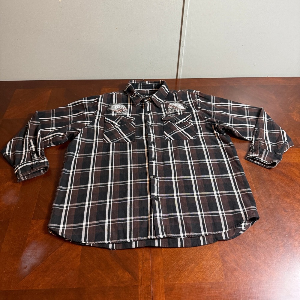 Hot Leathers Mens 3XL Plaid Flannel Biker Shirt Skull Headdress Embroidery Brown